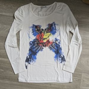 Women's White Long Sleeve Top with Colorful Abstract Design